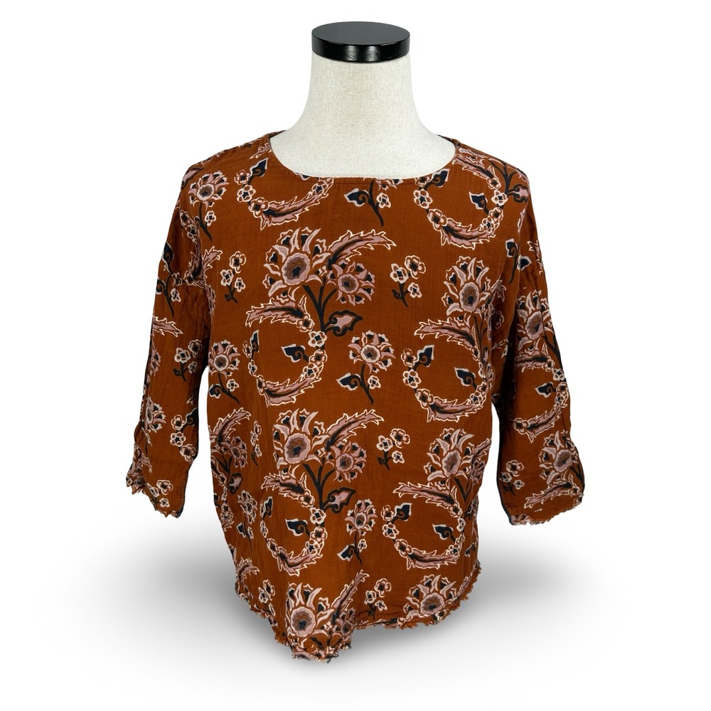 Voloshin Womens S Rust Floral Cotton Gauze 3/4 Sleeve Raw Hem Boho Blouse‎ Top